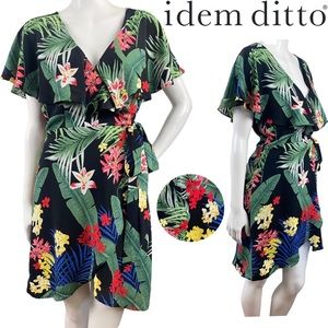 IDEM DITTO Mini Tropical Floral Print Asymmetrical Dress Flutter Sleeves Medium